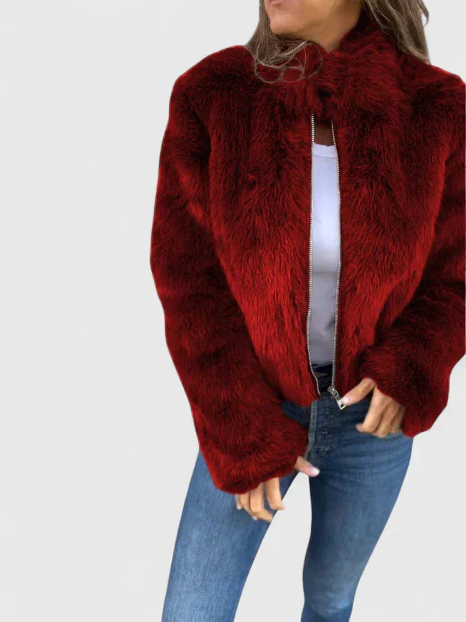 Women's faux fur zip-up stand collar jacket with long-pile texture – Red