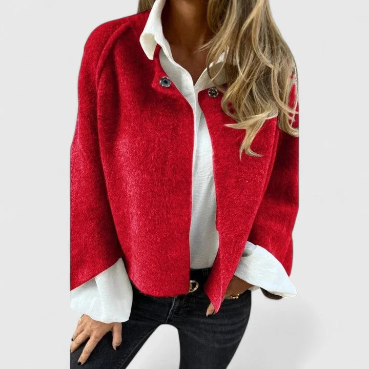 Women's wool button-front stand collar jacket with wide cuffs – Red