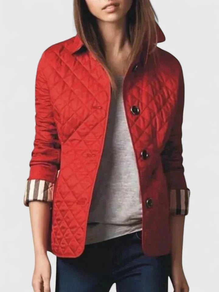 Women's button-front collared quilted jacket with plaid lining – Red