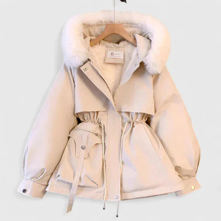 Women's zip-up faux fur hood parka with trim – White