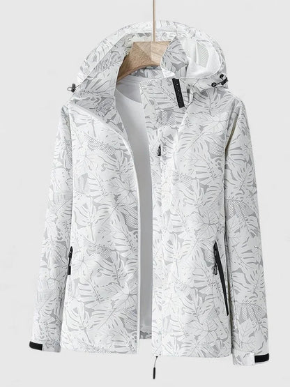 Women's zip-up hood jacket with leaf pattern – White