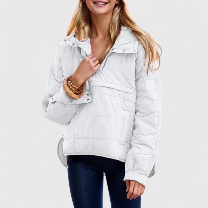 Women's quilted half-zip hood puffer jacket with placket – White