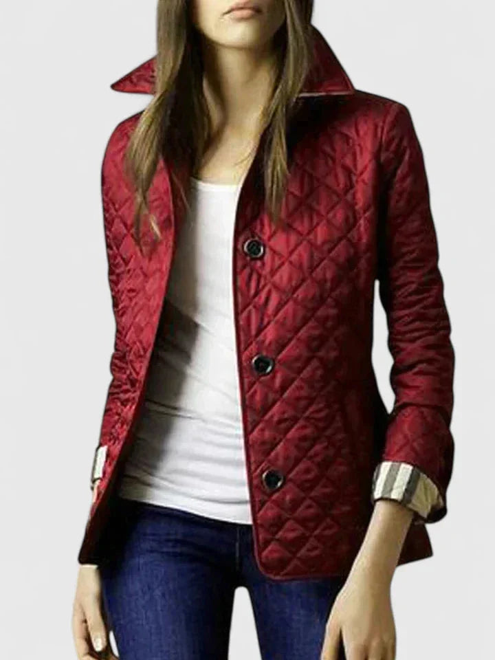 Women's button-front collared quilted jacket with plaid lining – Wine Red