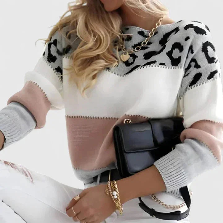 Women's leopard knit crew neck jumper with print colourblock