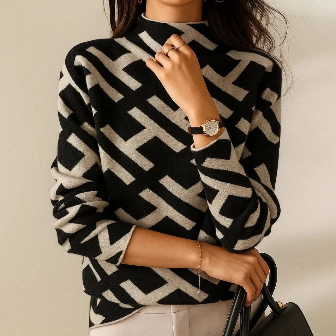 Women's knit stand collar jumper with geometric pattern – Black