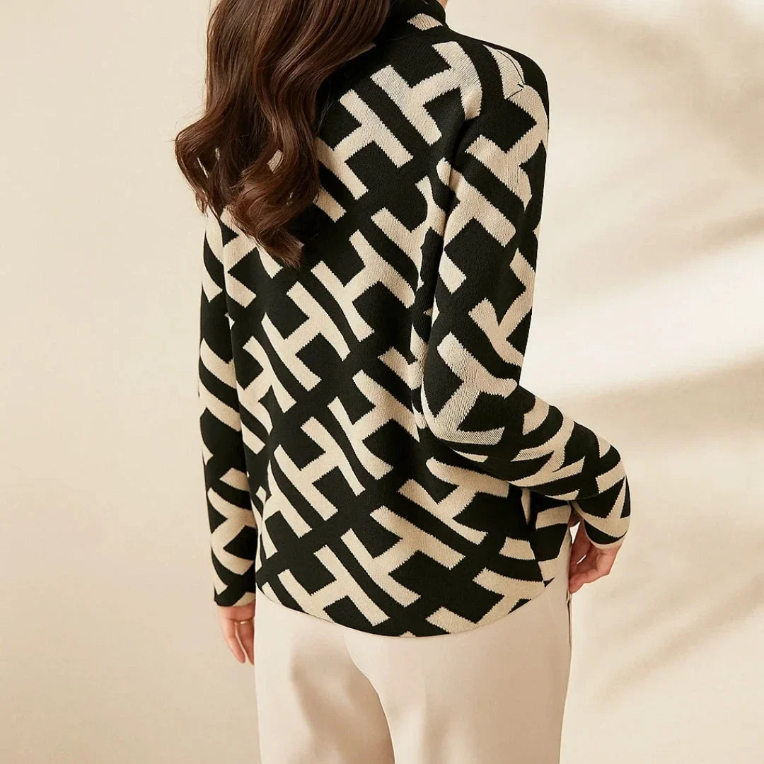 Women's knit stand collar jumper with geometric pattern – Black