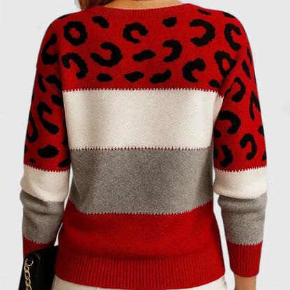 Women's leopard knit crew neck jumper with print colourblock