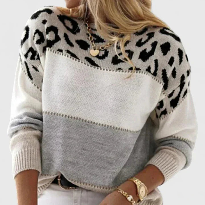 Women's leopard knit crew neck jumper with print colourblock