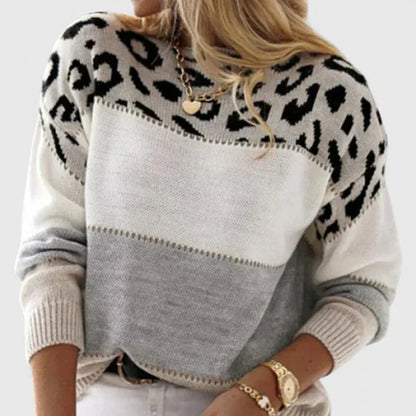 Women's leopard knit crew neck jumper with print colourblock