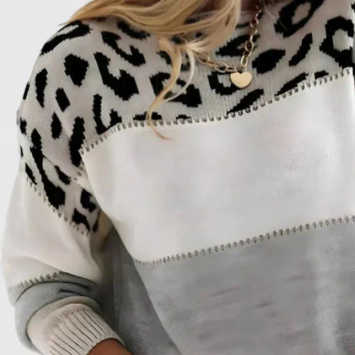 Women's leopard knit crew neck jumper with print colourblock