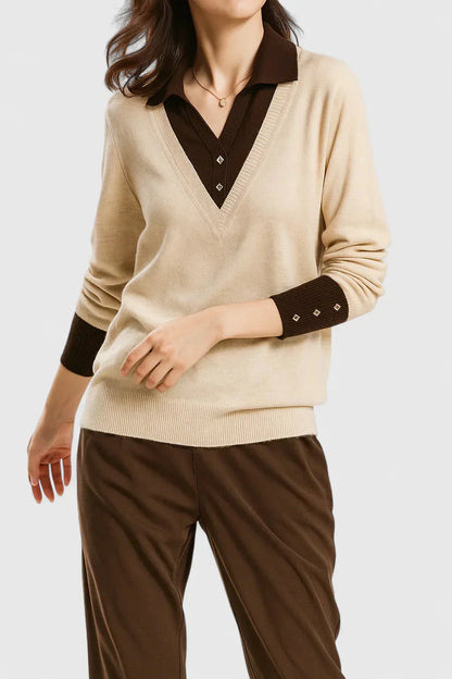 Women's knit V-neck jumper with button detail on cuffs