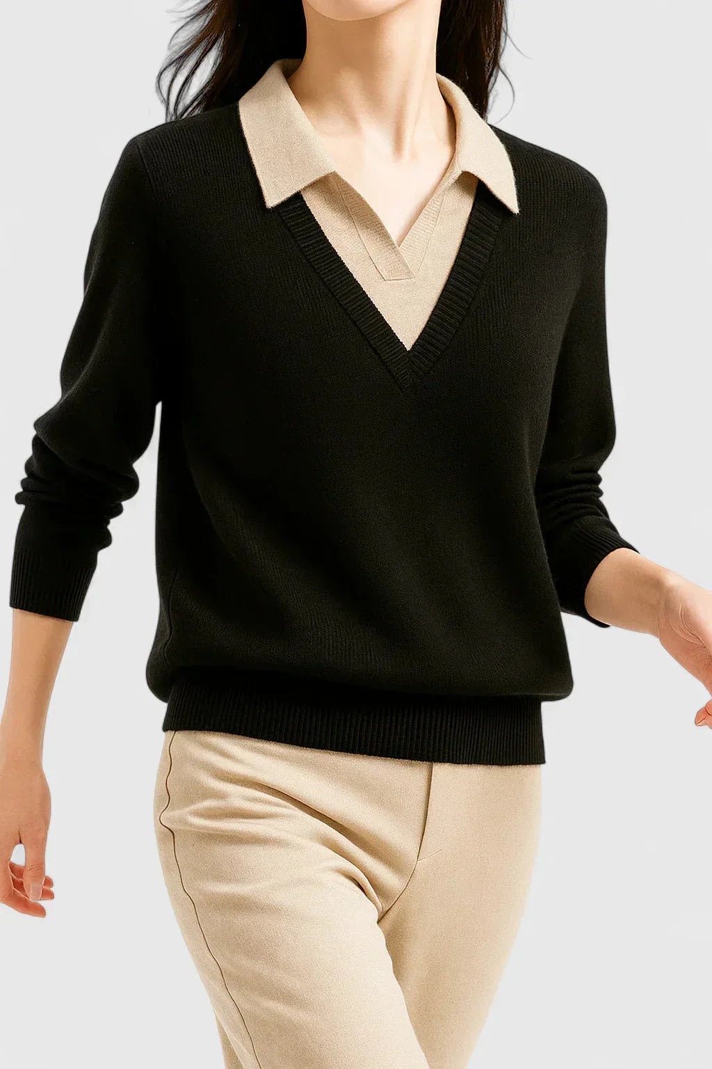 Women's knit V-neck jumper with button detail on cuffs