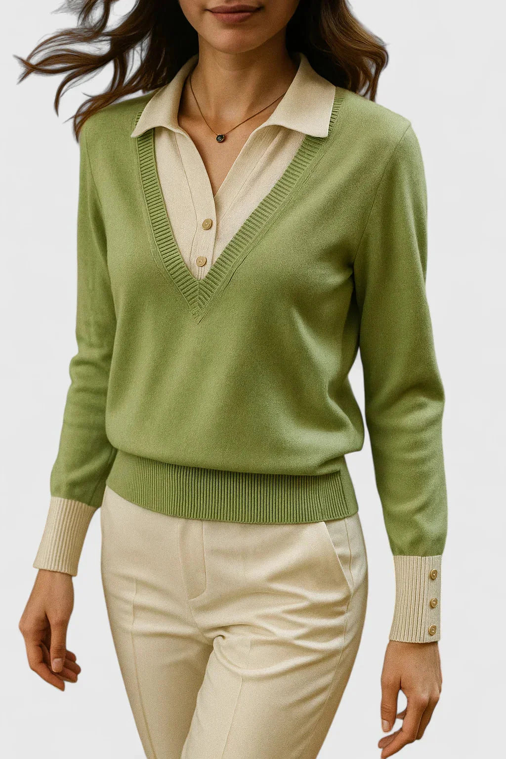 Women's knit V-neck jumper with button detail on cuffs
