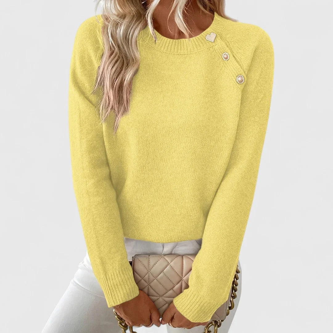 Women's knit crew neck jumper with pearl buttons