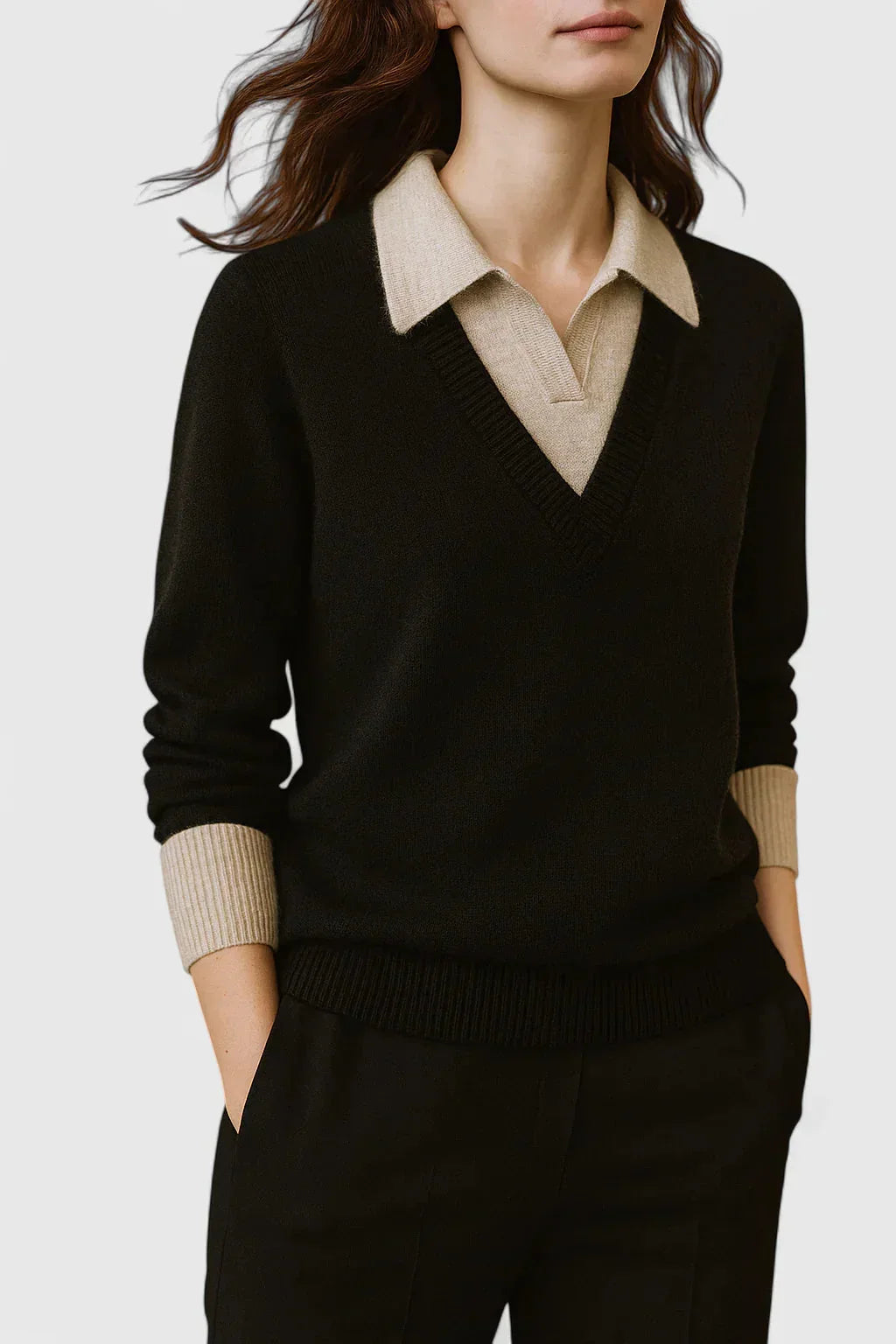 Women's knit V-neck jumper with button detail on cuffs