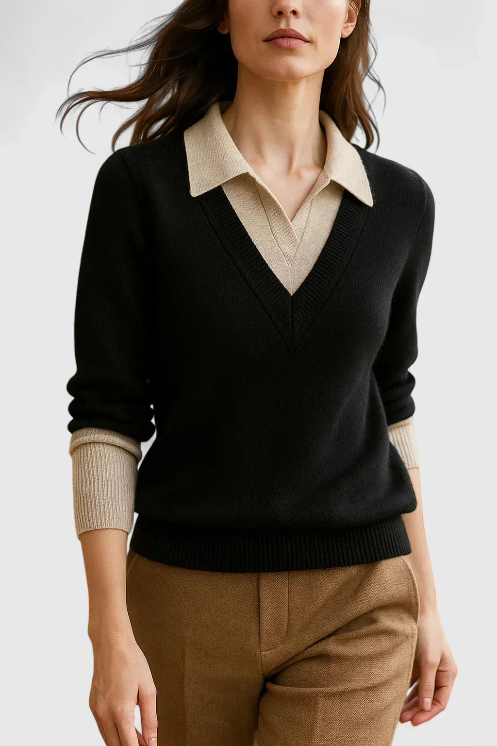 Women's knit V-neck jumper with button detail on cuffs