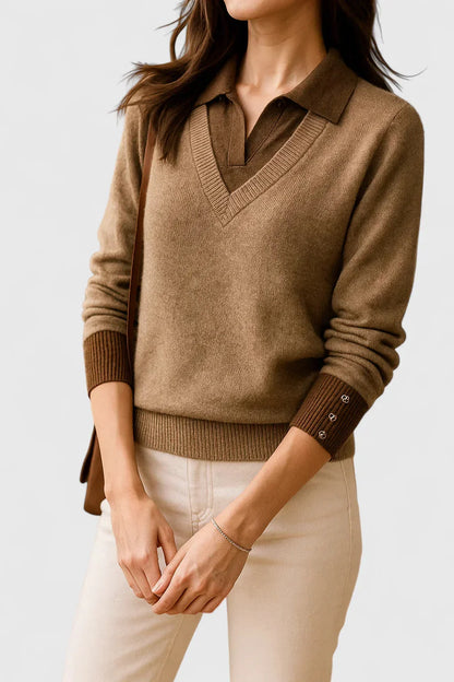 Women's knit V-neck jumper with button detail on cuffs
