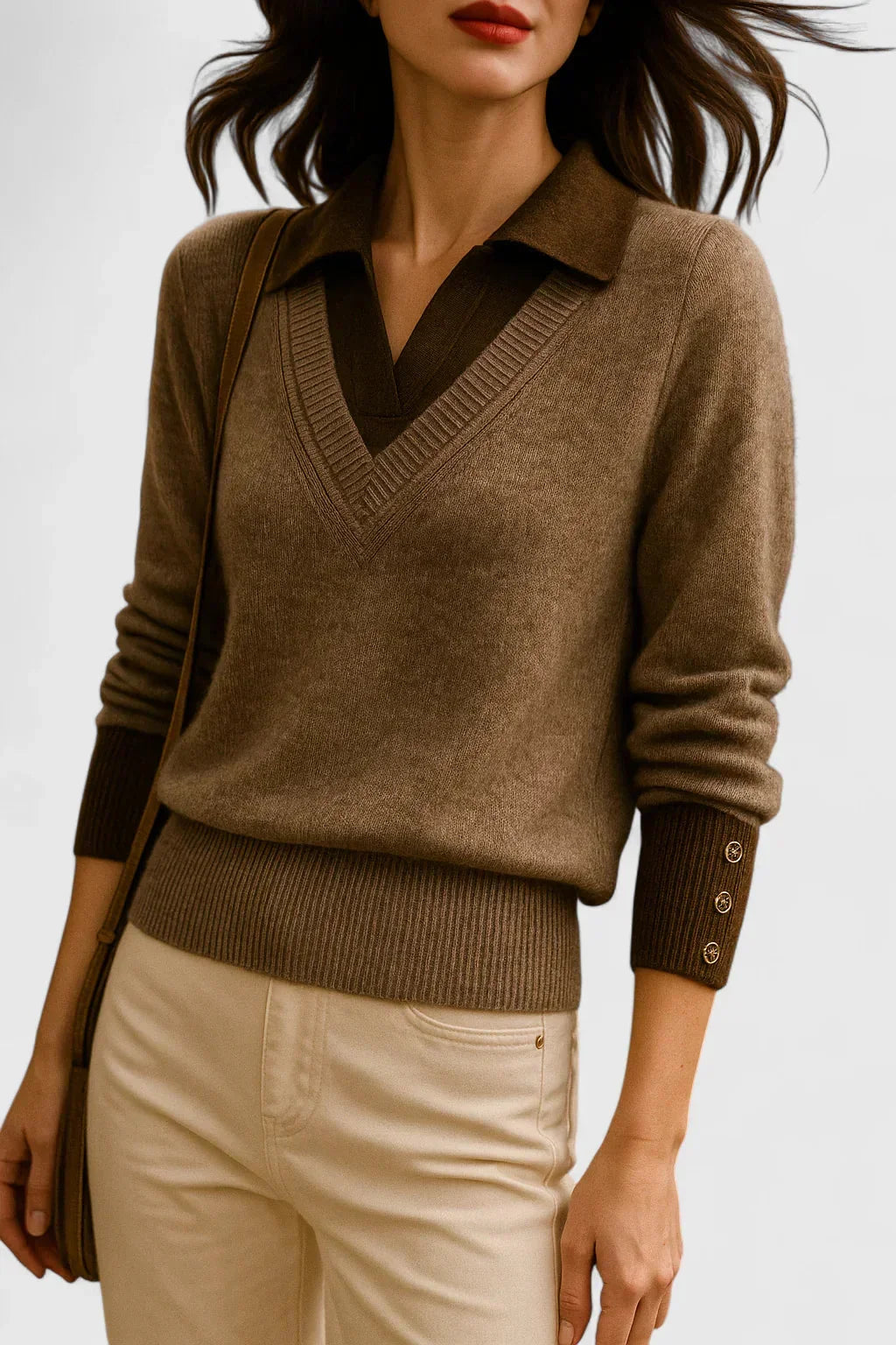 Women's knit V-neck jumper with button detail on cuffs