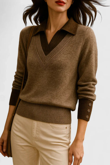 Women's knit V-neck jumper with button detail on cuffs