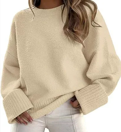 Women's knit crew neck jumper with wide ribbed cuffs – Beige