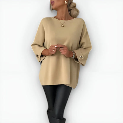 Women's knit crew neck jumper with wide cuffs with button – Beige