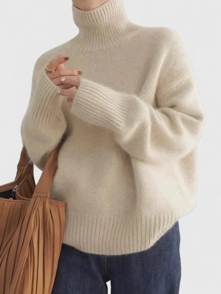 Women's knit roll neck jumper with ribbed cuffs and hem – Beige