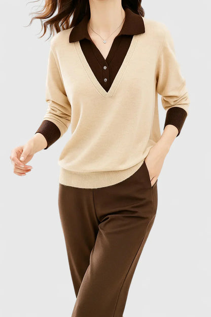 Women's knit V-neck jumper with button detail on cuffs – Beige