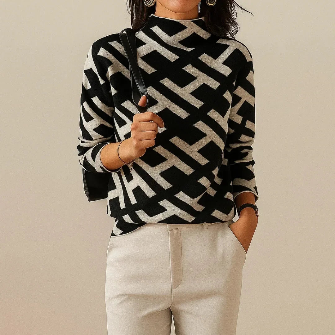 Women's knit stand collar jumper with geometric pattern – Black