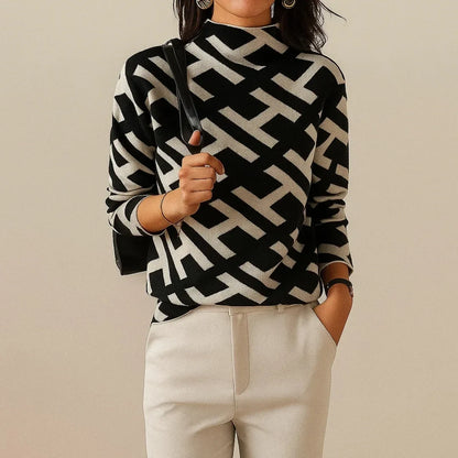 Women's knit stand collar jumper with geometric pattern – Black