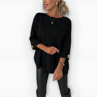Women's knit crew neck jumper with wide cuffs with button – Black