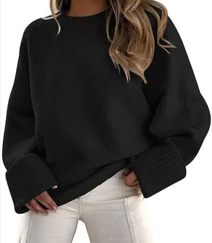 Women's knit crew neck jumper with wide ribbed cuffs – Black