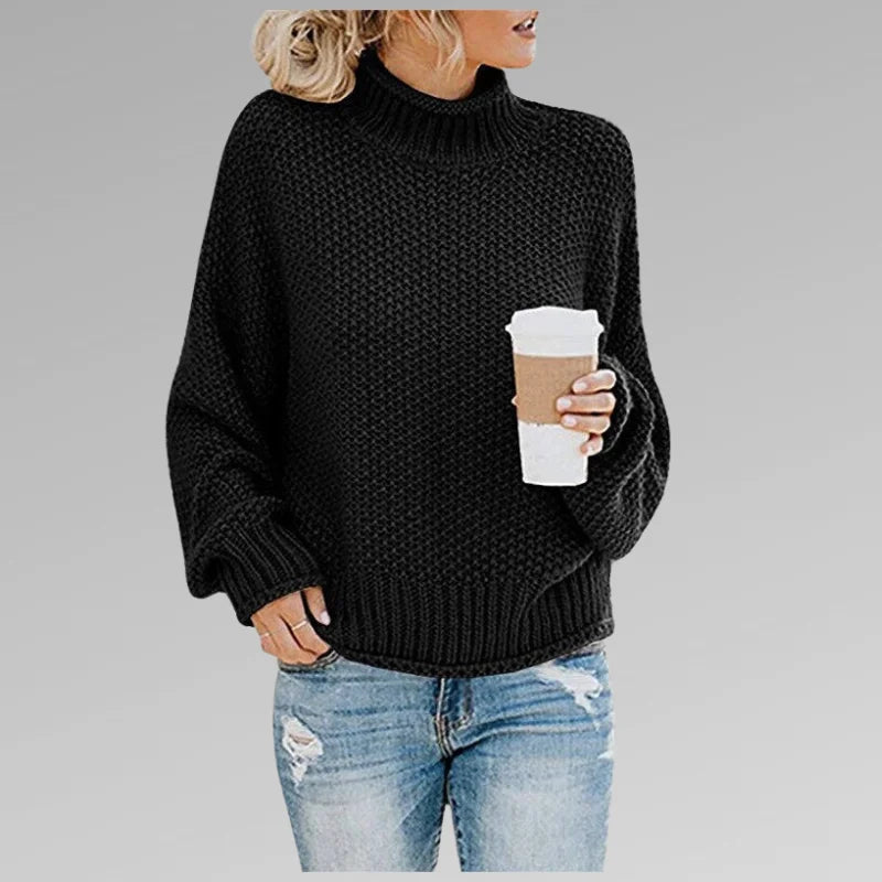 Women's knit roll neck jumper with dropped shoulder sleeves – Black