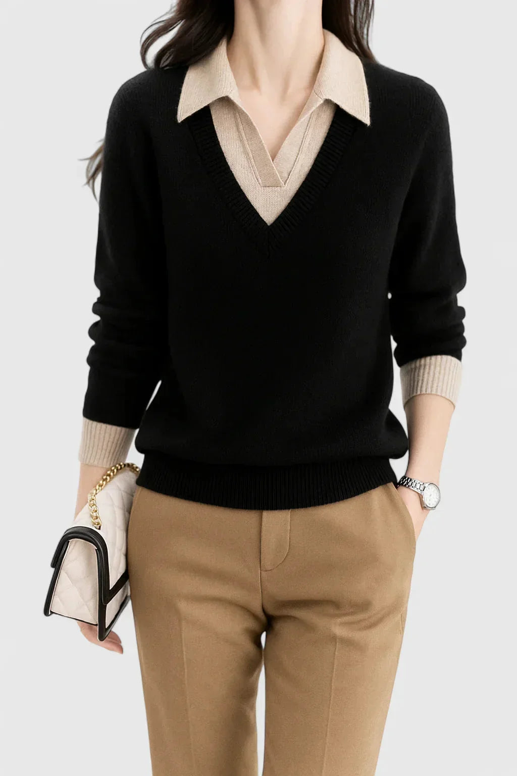 Women's knit V-neck jumper with button detail on cuffs – Black