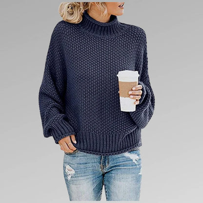 Women's knit roll neck jumper with dropped shoulder sleeves – Blue