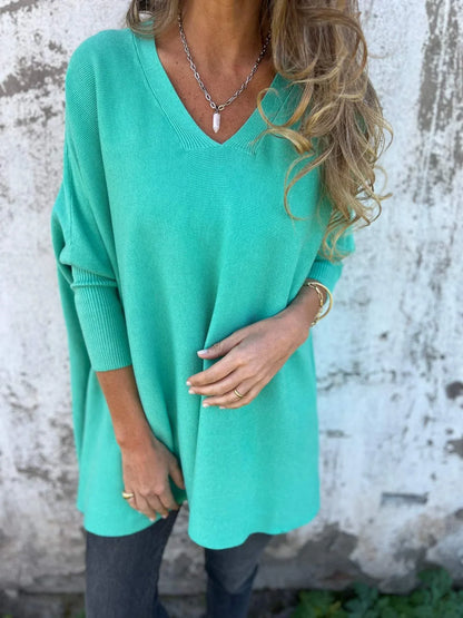 Women's knit V-neck jumper with oversized tunic fit – Blue