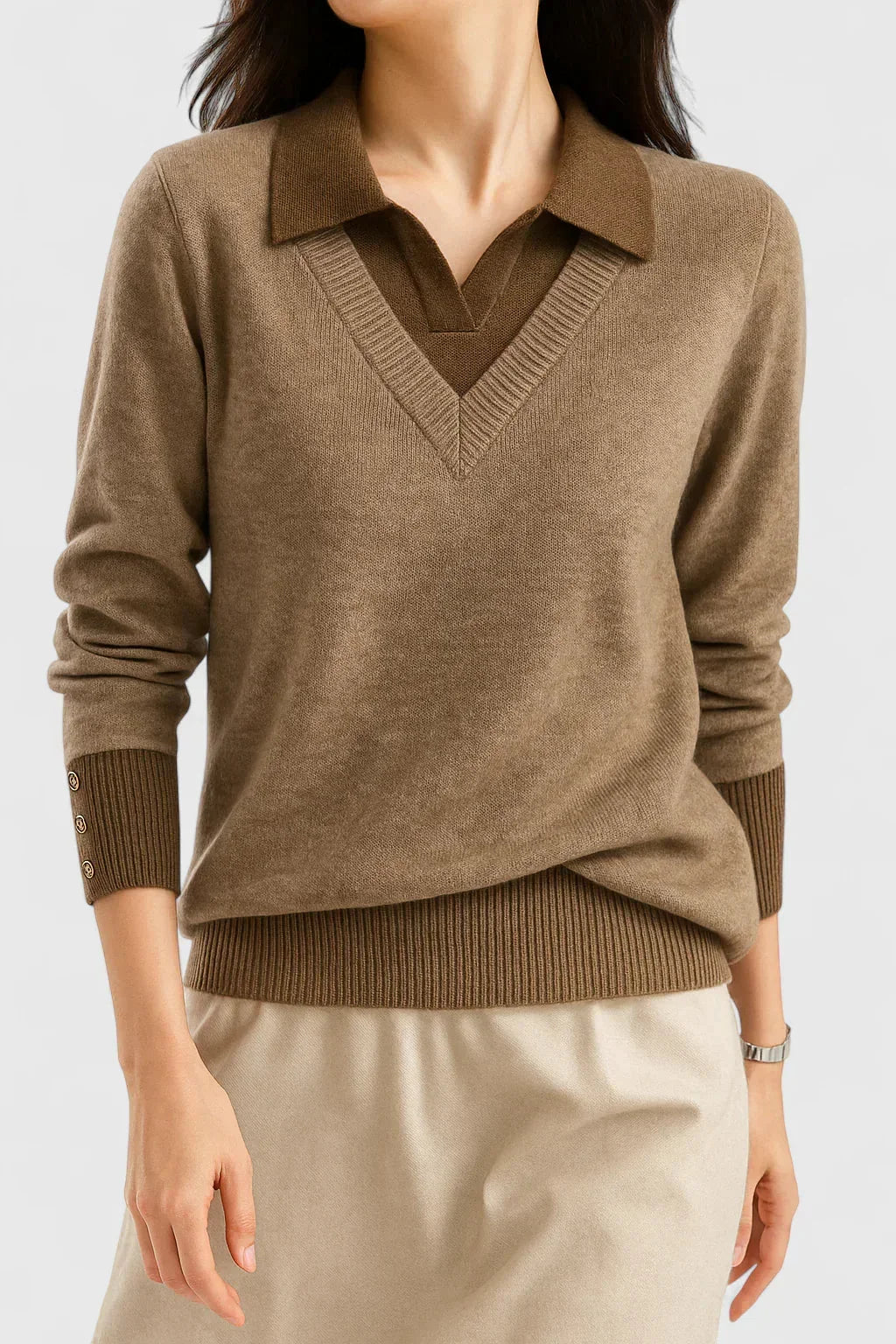 Women's knit V-neck jumper with button detail on cuffs – Brown