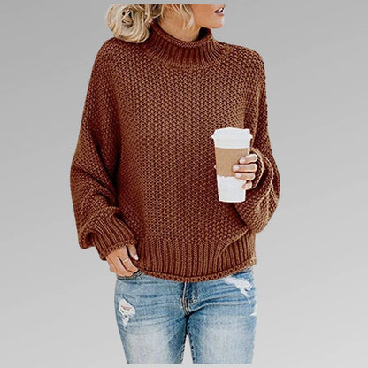 Women's knit roll neck jumper with dropped shoulder sleeves – Brown