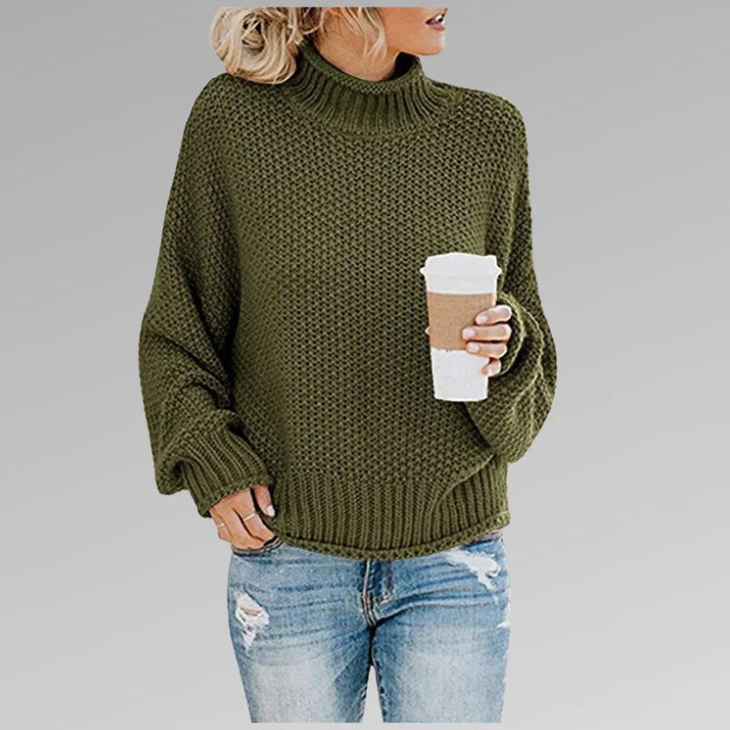 Women's knit roll neck jumper with dropped shoulder sleeves – Green