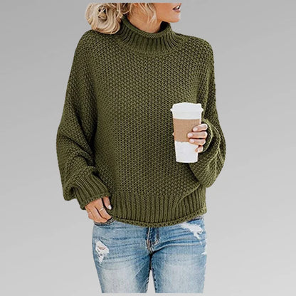 Women's knit roll neck jumper with dropped shoulder sleeves – Green