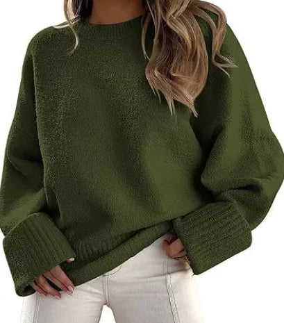 Women's knit crew neck jumper with wide ribbed cuffs – Green