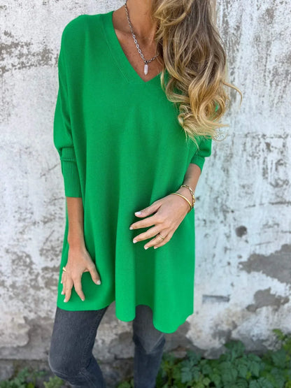 Women's knit V-neck jumper with oversized tunic fit – Green