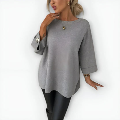 Women's knit crew neck jumper with wide cuffs with button – Grey