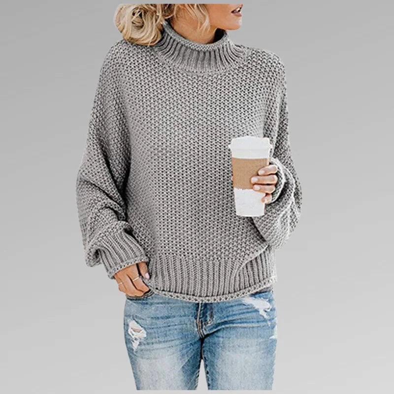 Women's knit roll neck jumper with dropped shoulder sleeves – Grey