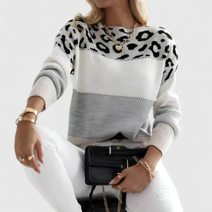 Women's leopard knit crew neck jumper with print colourblock – Grey