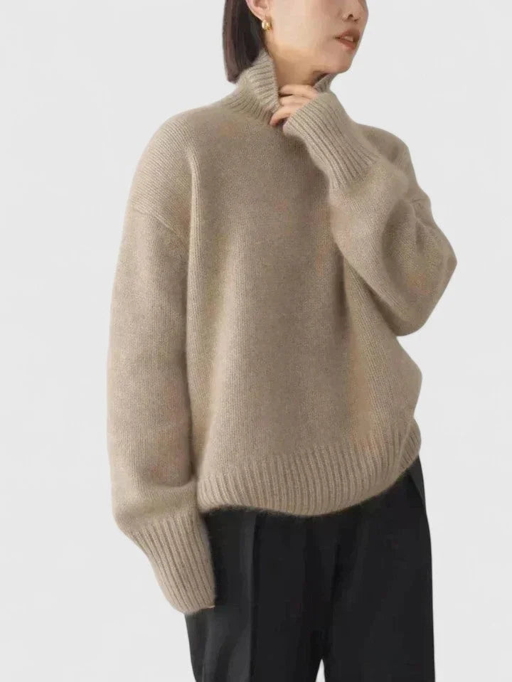 Women's knit roll neck jumper with ribbed cuffs and hem – Khaki