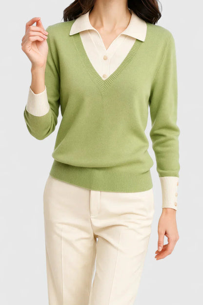 Women's knit V-neck jumper with button detail on cuffs – Lime