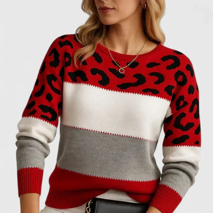 Women's leopard knit crew neck jumper with print colourblock – Red