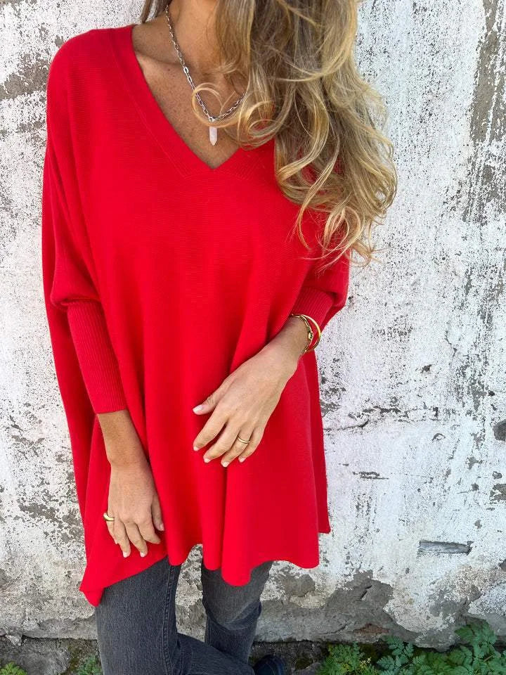 Women's knit V-neck jumper with oversized tunic fit – Red