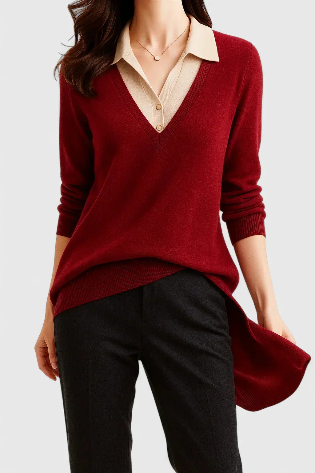 Women's knit V-neck jumper with button detail on cuffs – Red