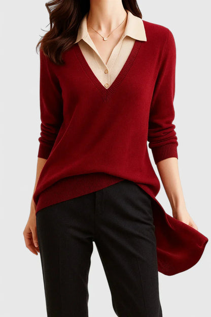 Women's knit V-neck jumper with button detail on cuffs – Red